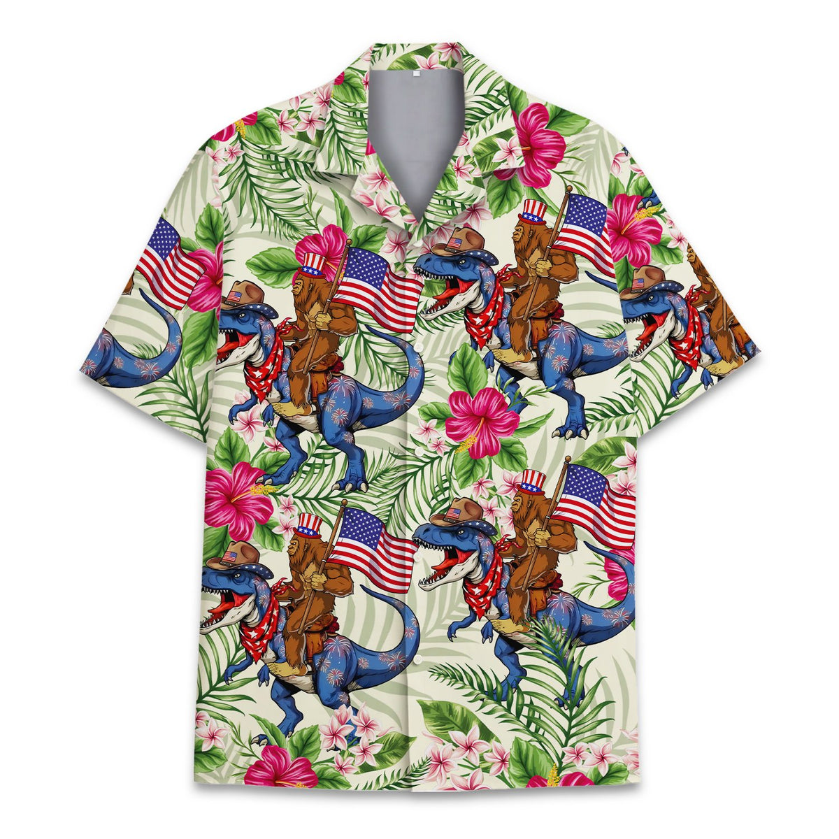 Bigfoot dinosaur fireworks hawaiian shirt, front view