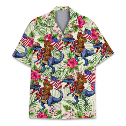 Bigfoot dinosaur fireworks hawaiian shirt, front view