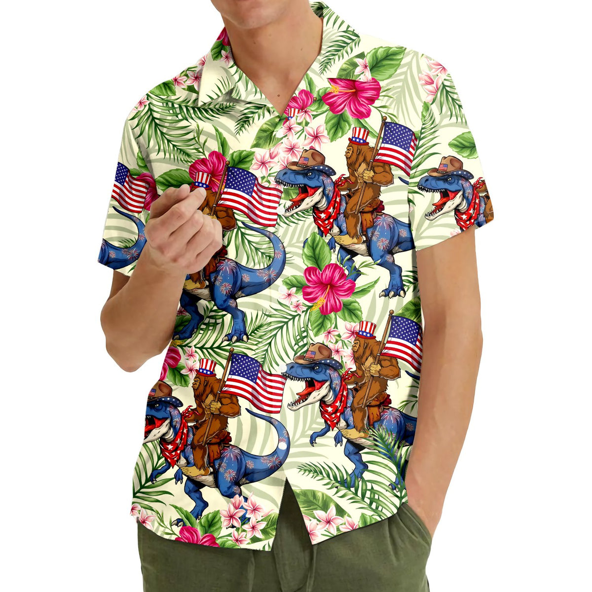 Matching family hawaiian shirts featuring bigfoot and dinosaur design, lifestyle view two