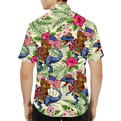 Matching family hawaiian shirts featuring bigfoot and dinosaur design, lifestyle view three