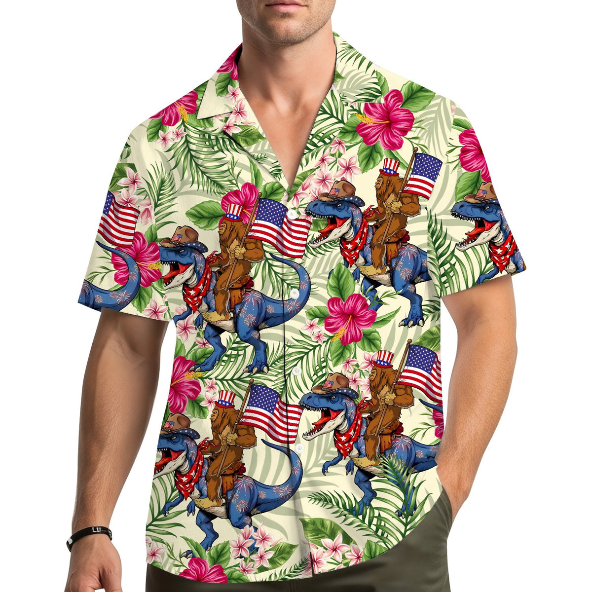Matching family hawaiian shirts featuring bigfoot and dinosaur design, lifestyle view one