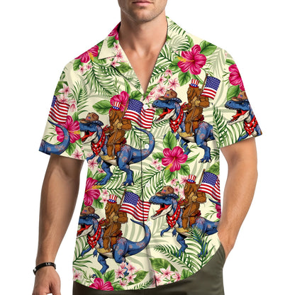 Matching family hawaiian shirts featuring bigfoot and dinosaur design, lifestyle view one