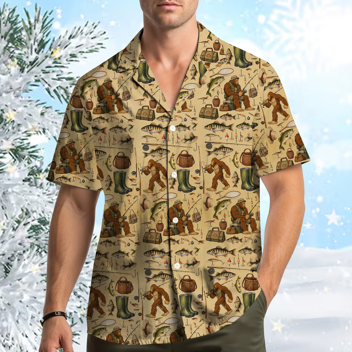 Front view of the bigfoot fishing hawaiian shirt in beige pattern