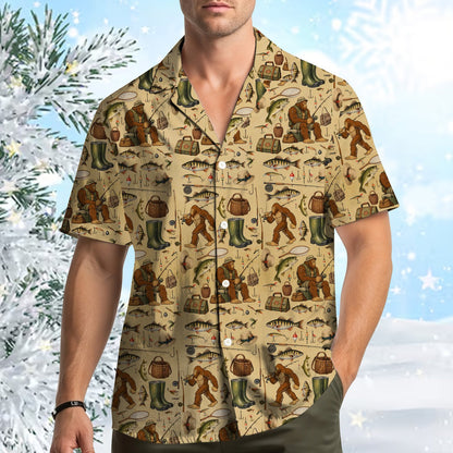 Front view of the bigfoot fishing hawaiian shirt in beige pattern