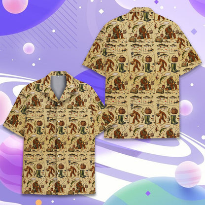 Bigfoot fishing hawaiian shirt with beige background, main view