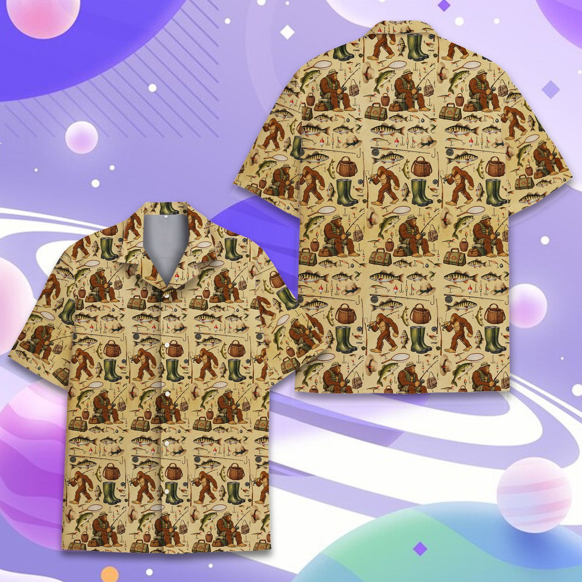 Bigfoot fishing hawaiian shirt with beige background, secondary main view