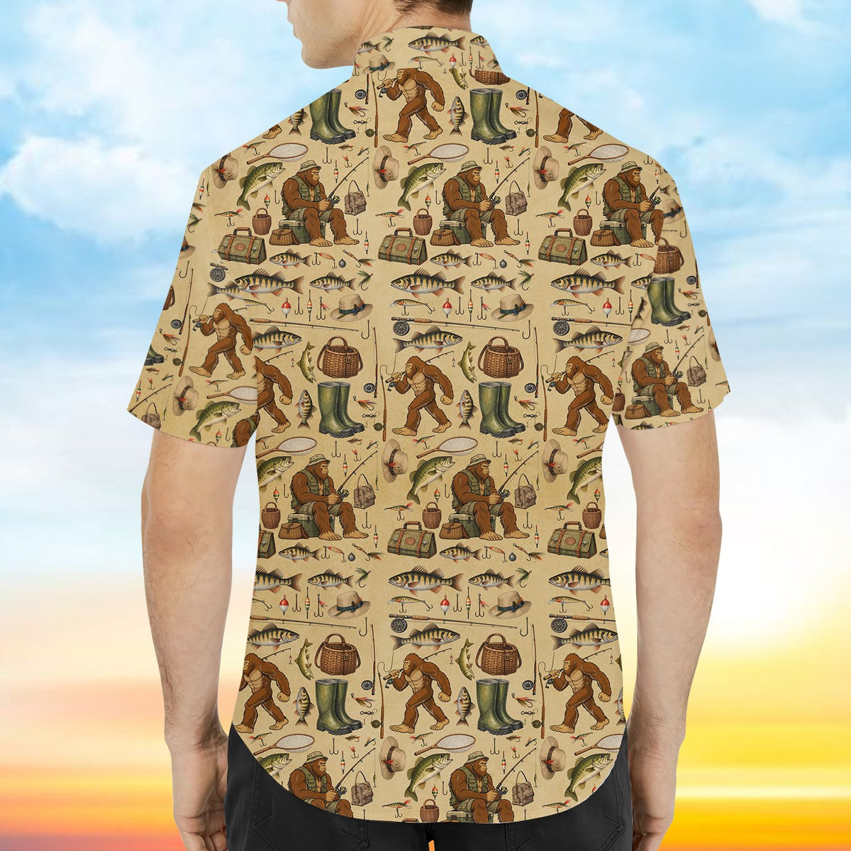 Back view of the bigfoot fishing hawaiian shirt in multicolor pattern, alternate angle
