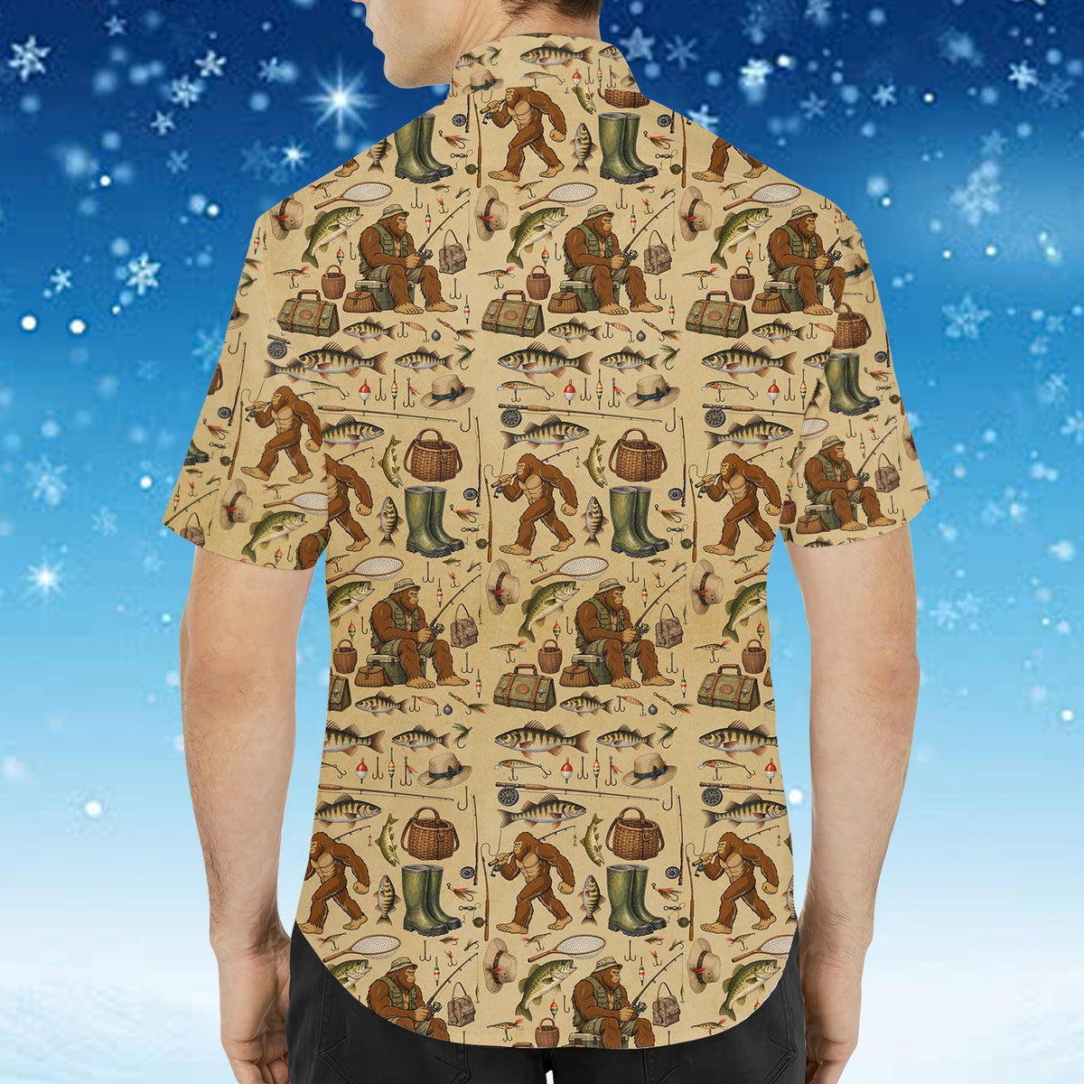 Back view of the bigfoot fishing hawaiian shirt in multicolor pattern
