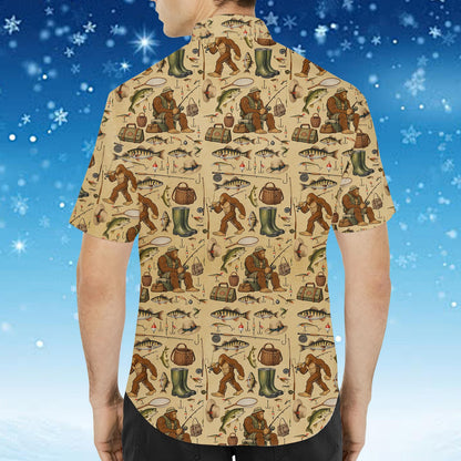 Back view of the bigfoot fishing hawaiian shirt in multicolor pattern