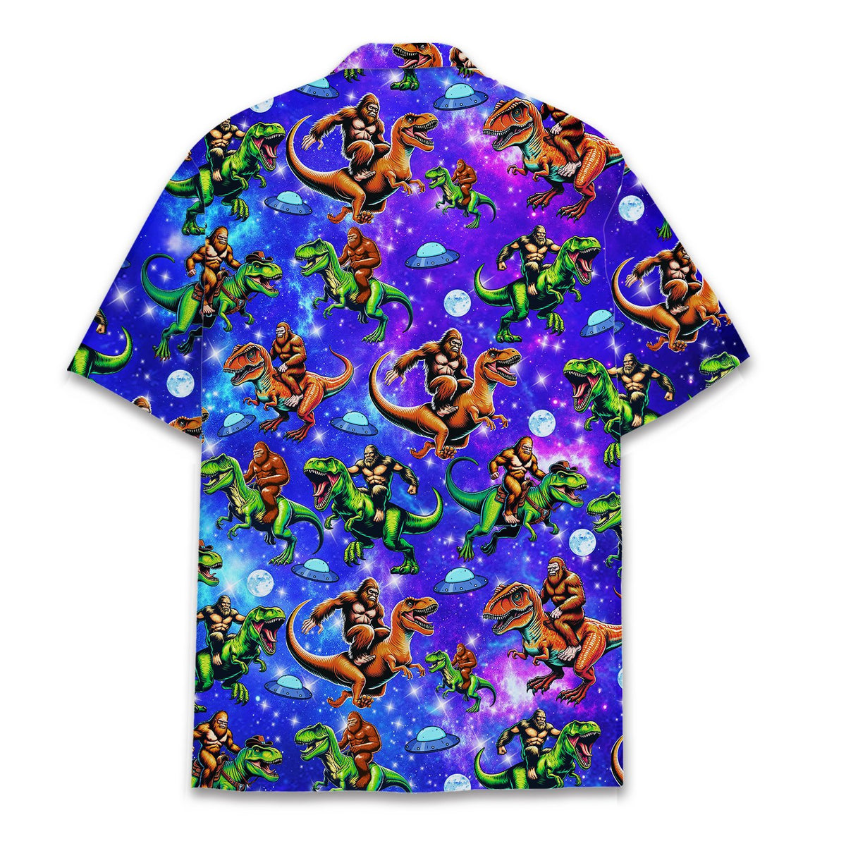 Back view of the abstract hawaiian shirt with galaxy and dinosaur print