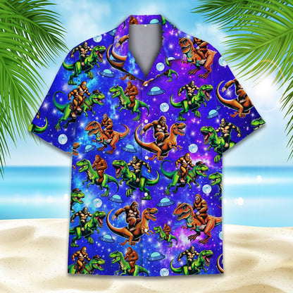 Another front view of the galaxy hawaiian shirt featuring bigfoot riding a dinosaur
