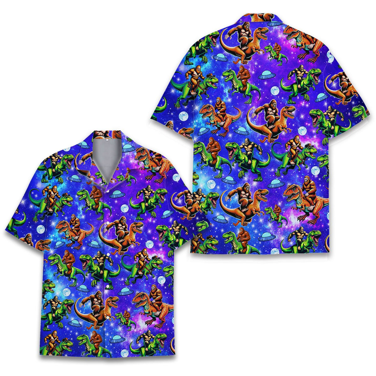 Matching family hawaiian shirts with bigfoot and dinosaur galaxy design, main front view
