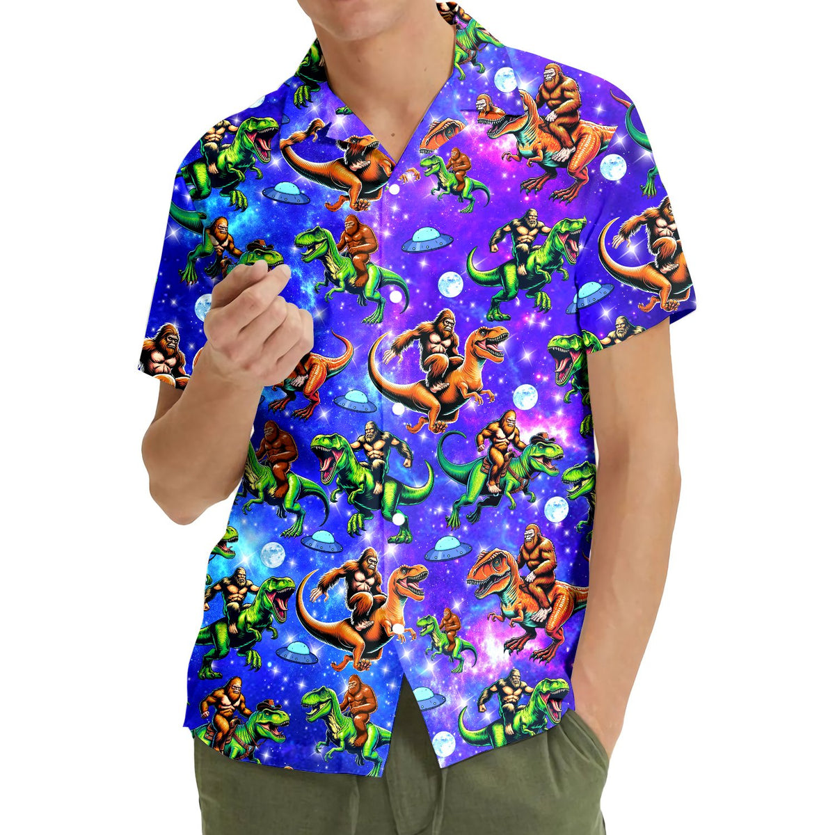 Lifestyle view of the family matching hawaiian shirts in a galaxy design