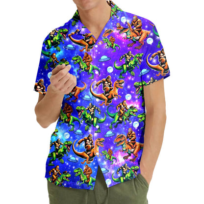 Lifestyle view of the family matching hawaiian shirts in a galaxy design