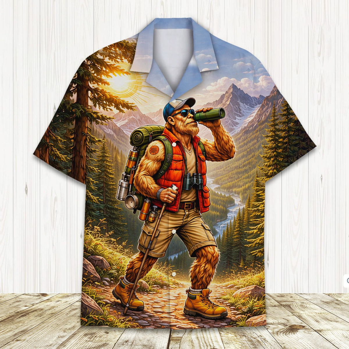 Second back view of the bigfoot hiking hawaiian shirt