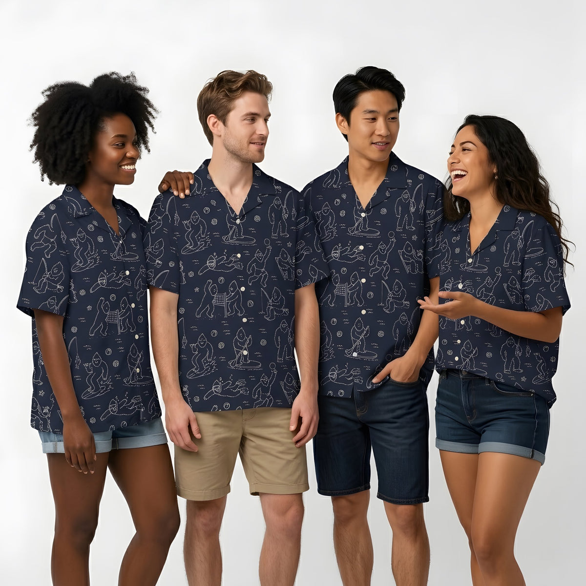 Lifestyle view of someone wearing the bigfoot hawaiian shirt outdoors