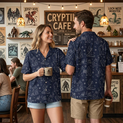 Additional lifestyle view showing the bigfoot design on the hawaiian shirt