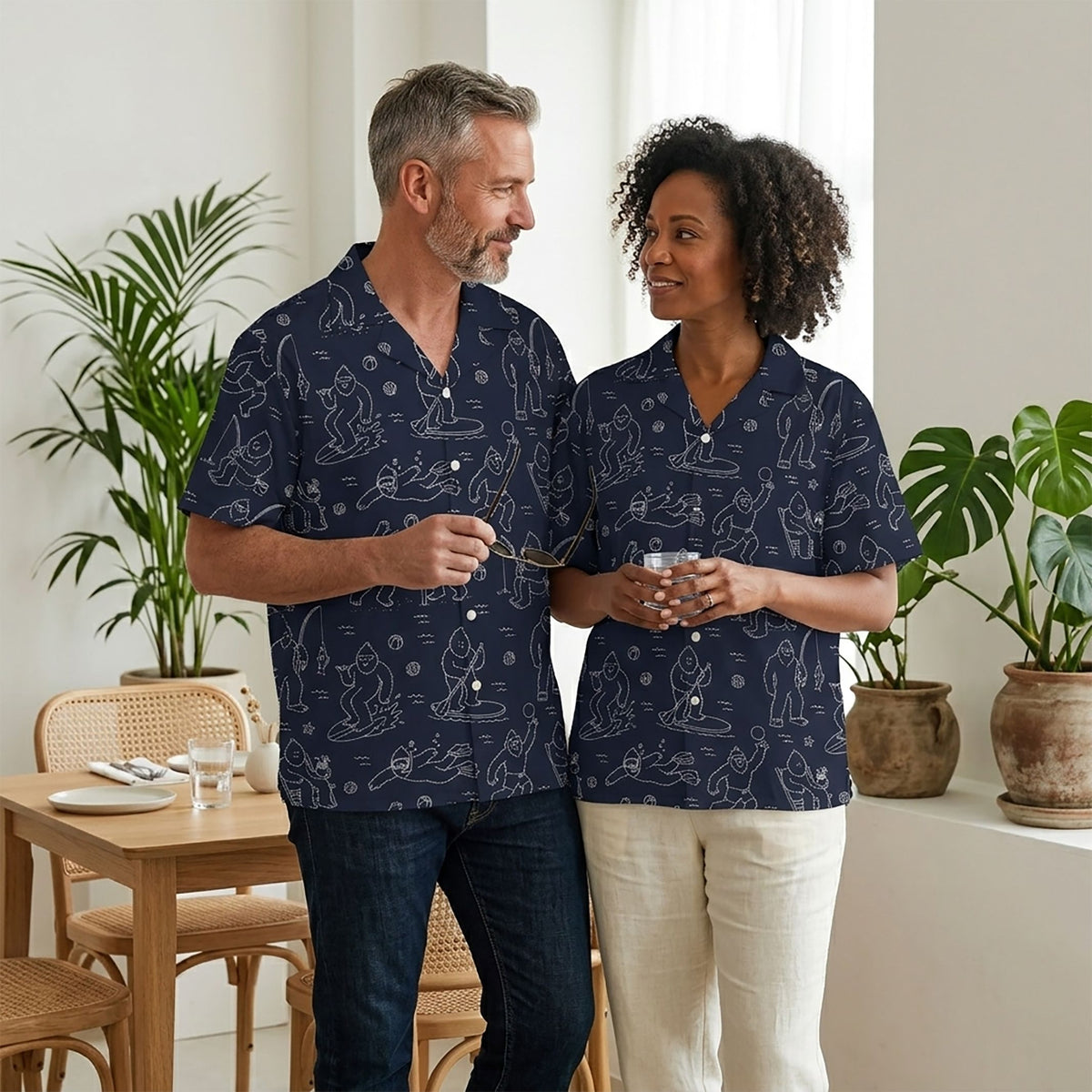 Lifestyle view of the family matching outfits featuring the bigfoot hawaiian shirt