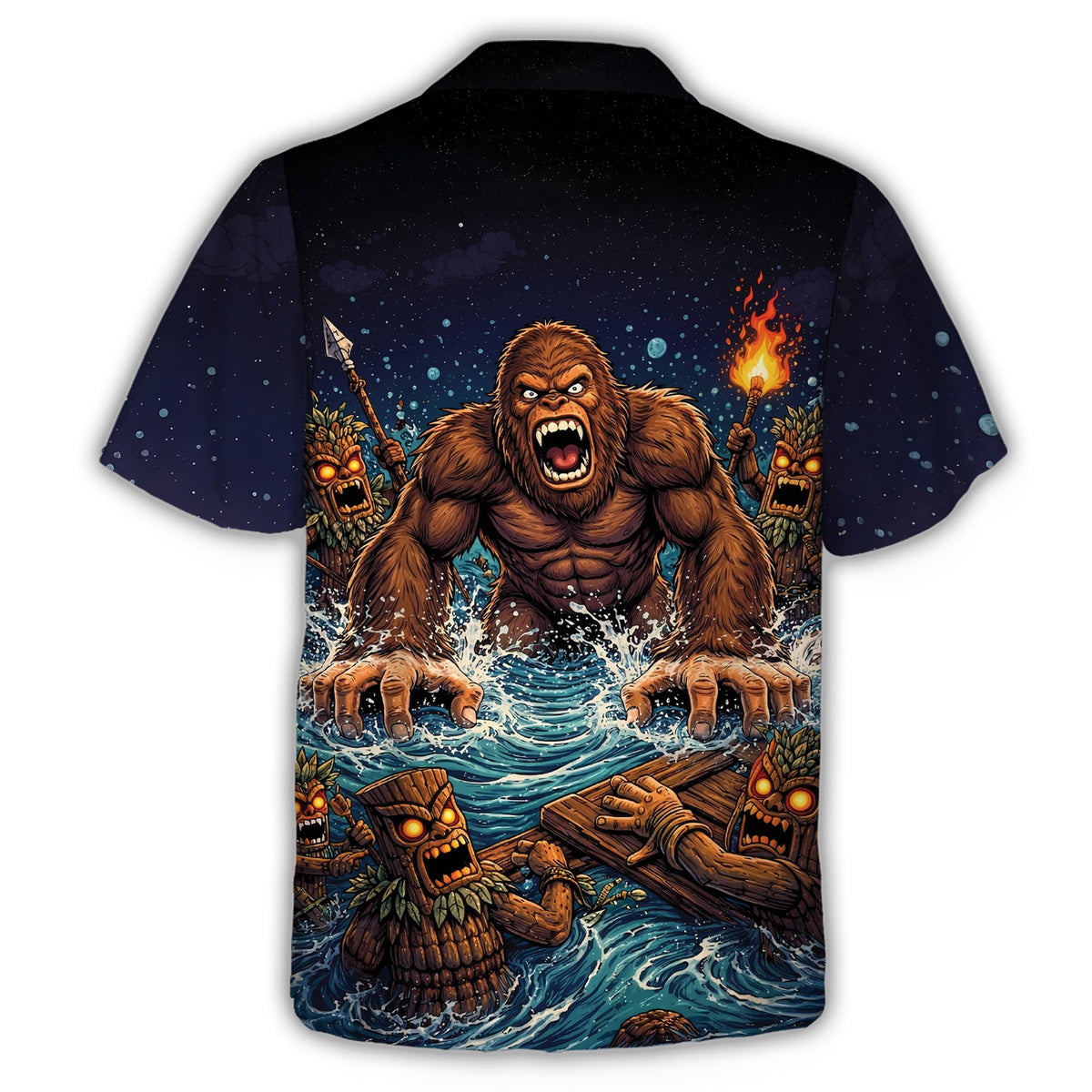 Back view of the matching family bigfoot hawaiian shirt