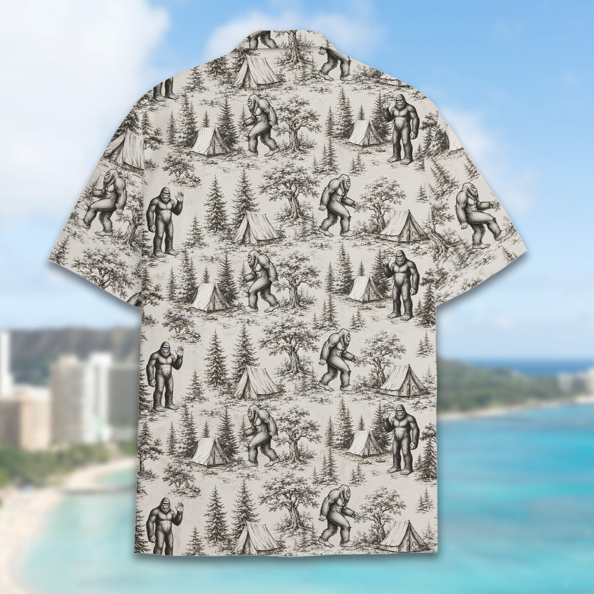 Detailed back view of the beige bigfoot hawaiian shirt