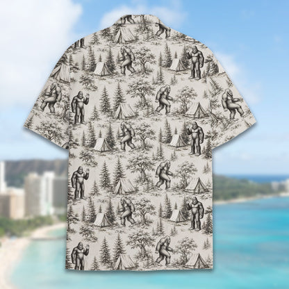 Detailed back view of the beige bigfoot hawaiian shirt