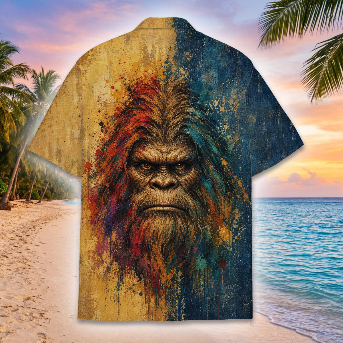 Another back view displaying the abstract multicolor pattern of the hawaiian shirt