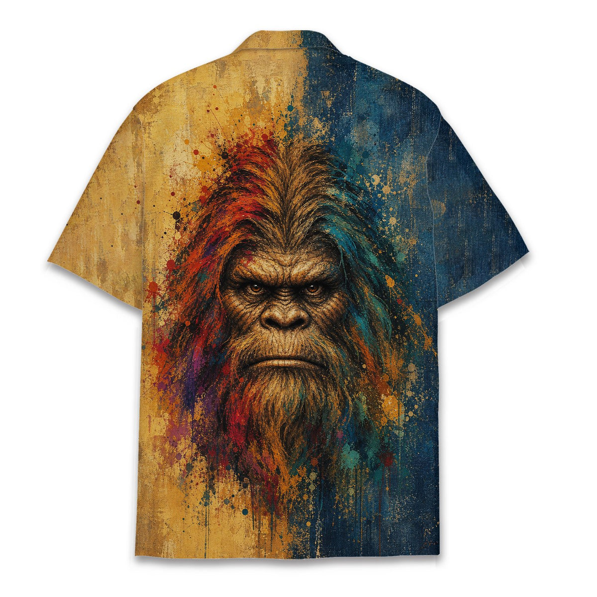 Close-up back view showing the vibrant polyester material of the bigfoot hawaiian shirt