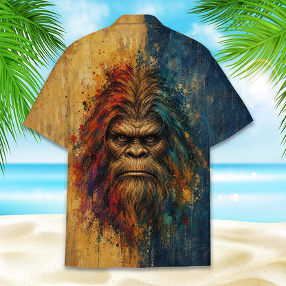 Back view of the blue and yellow bigfoot hawaiian shirt