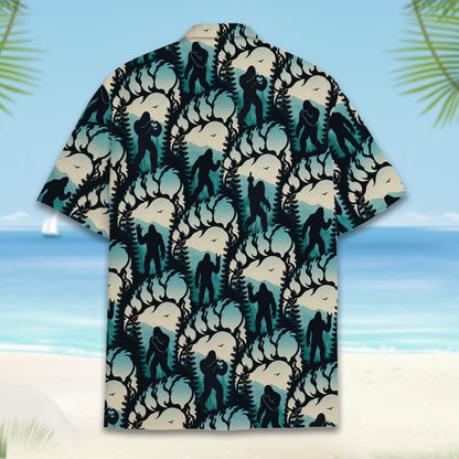 Back view of the teal bigfoot hawaiian shirt