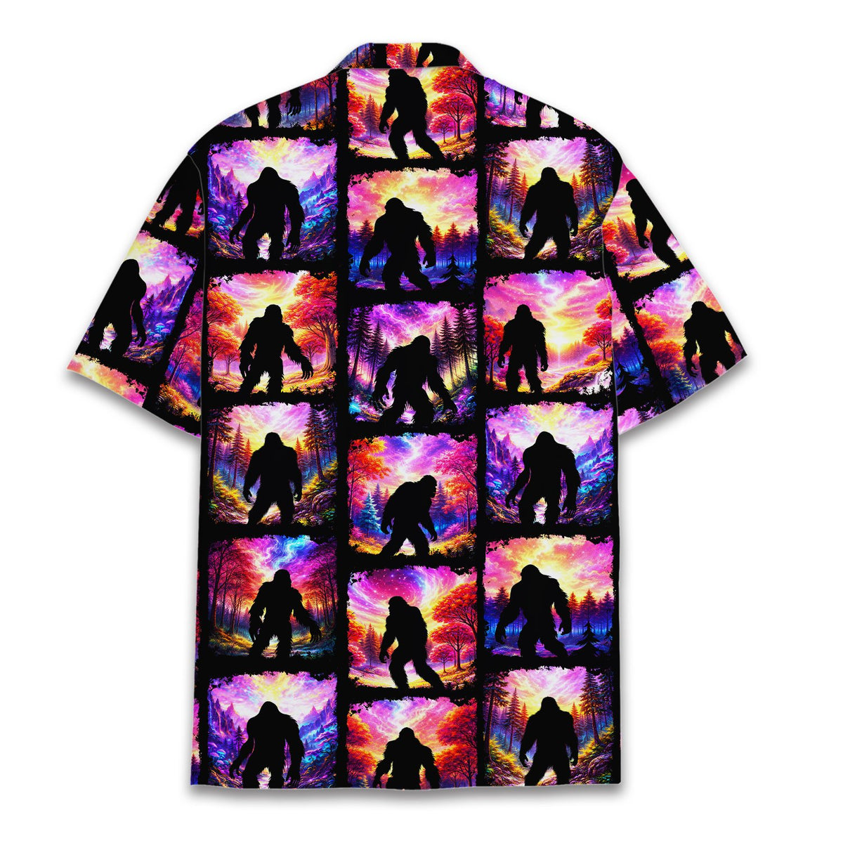 Back view of the psychedelic forest bigfoot hawaiian shirt