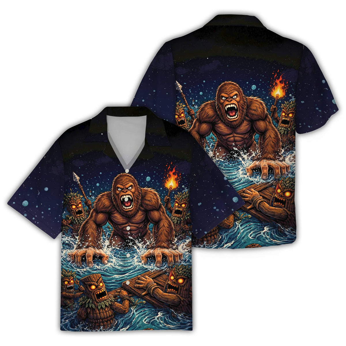 Navy bigfoot hawaiian shirt with tiki figures and starry night sky, front view
