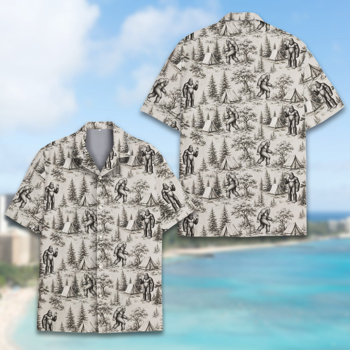 Close up front view of the beige bigfoot hawaiian shirt