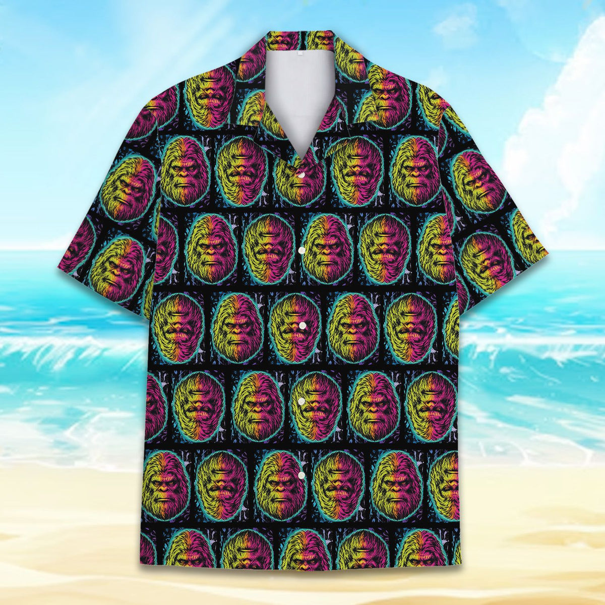 Detailed front view of the neon bigfoot repeating pattern hawaiian shirt