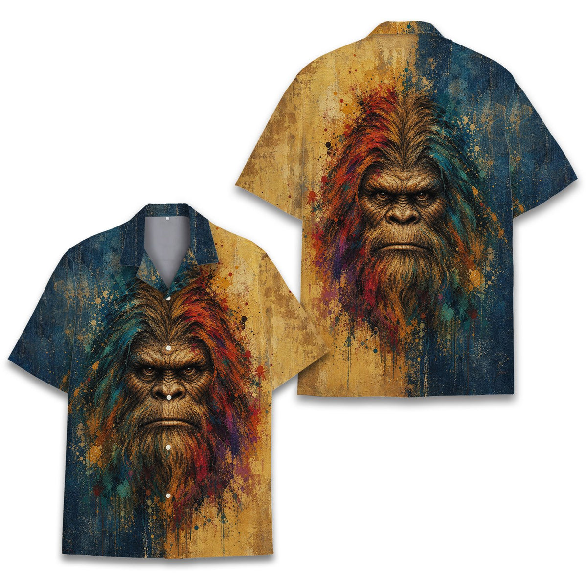 Another front view of the bigfoot hawaiian shirt showing the colorful paint splatter background