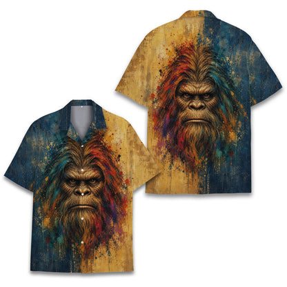 Another front view of the bigfoot hawaiian shirt showing the colorful paint splatter background