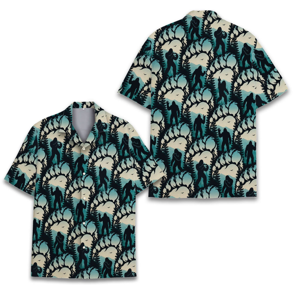 Close up front view of the bigfoot silhouette and trees design