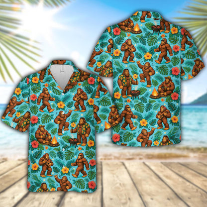Front view of the matching family blue bigfoot hawaiian shirt