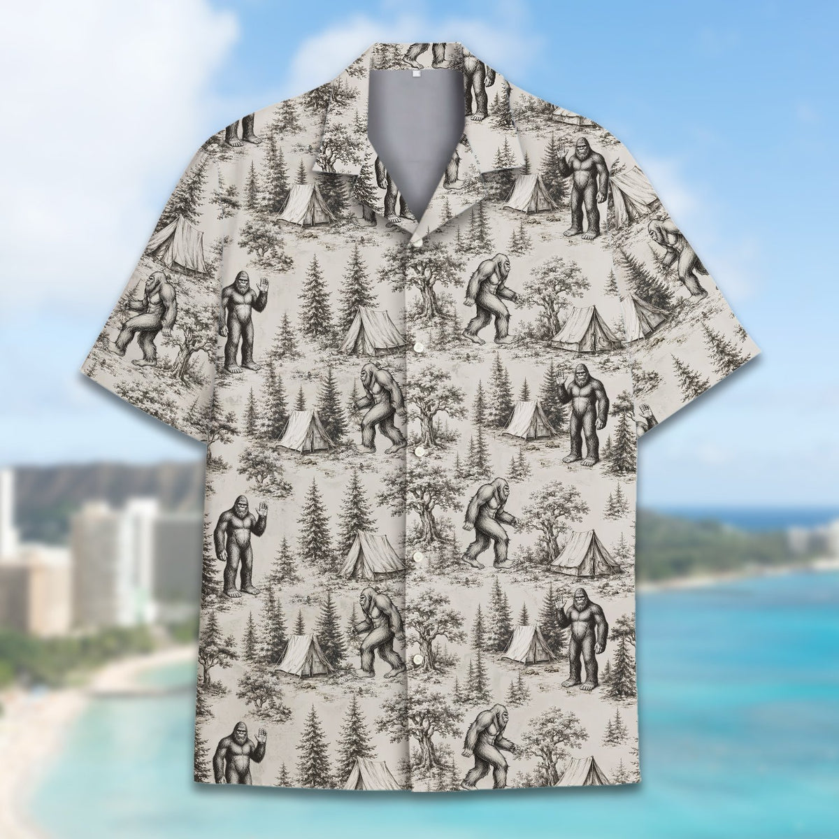 Detailed front view of the beige bigfoot hawaiian shirt