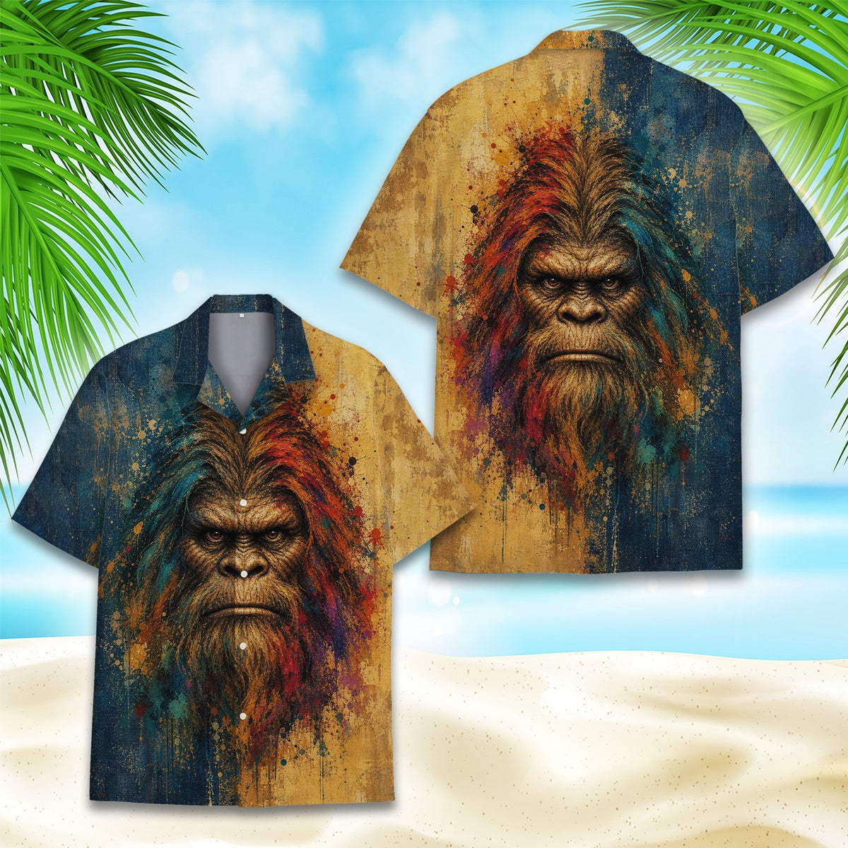 Close-up front view of the bigfoot face graphic on the hawaiian shirt