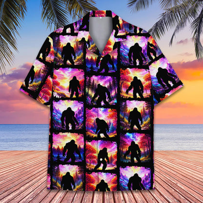 Another front perspective of the colorful bigfoot hawaiian shirt