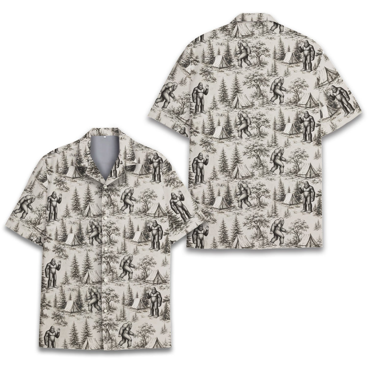 Beige bigfoot hawaiian shirt featuring sketch-style illustrations, front view