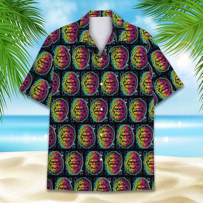 Matching family hawaiian shirts featuring a neon bigfoot design, third main view