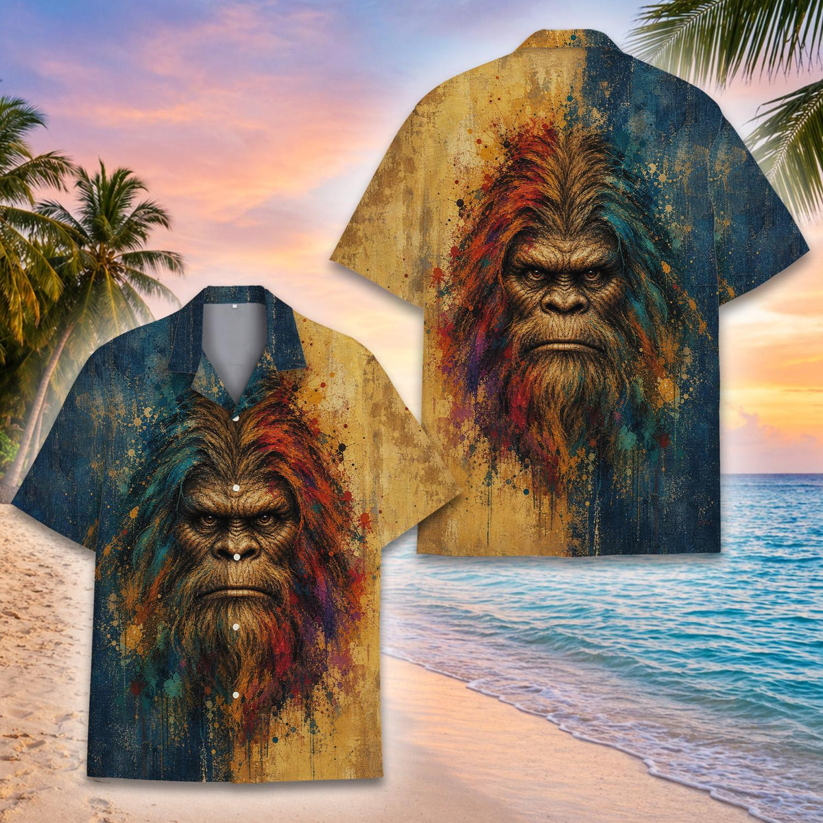 Main view of the bigfoot hawaiian shirt with an abstract blue and yellow splatter design