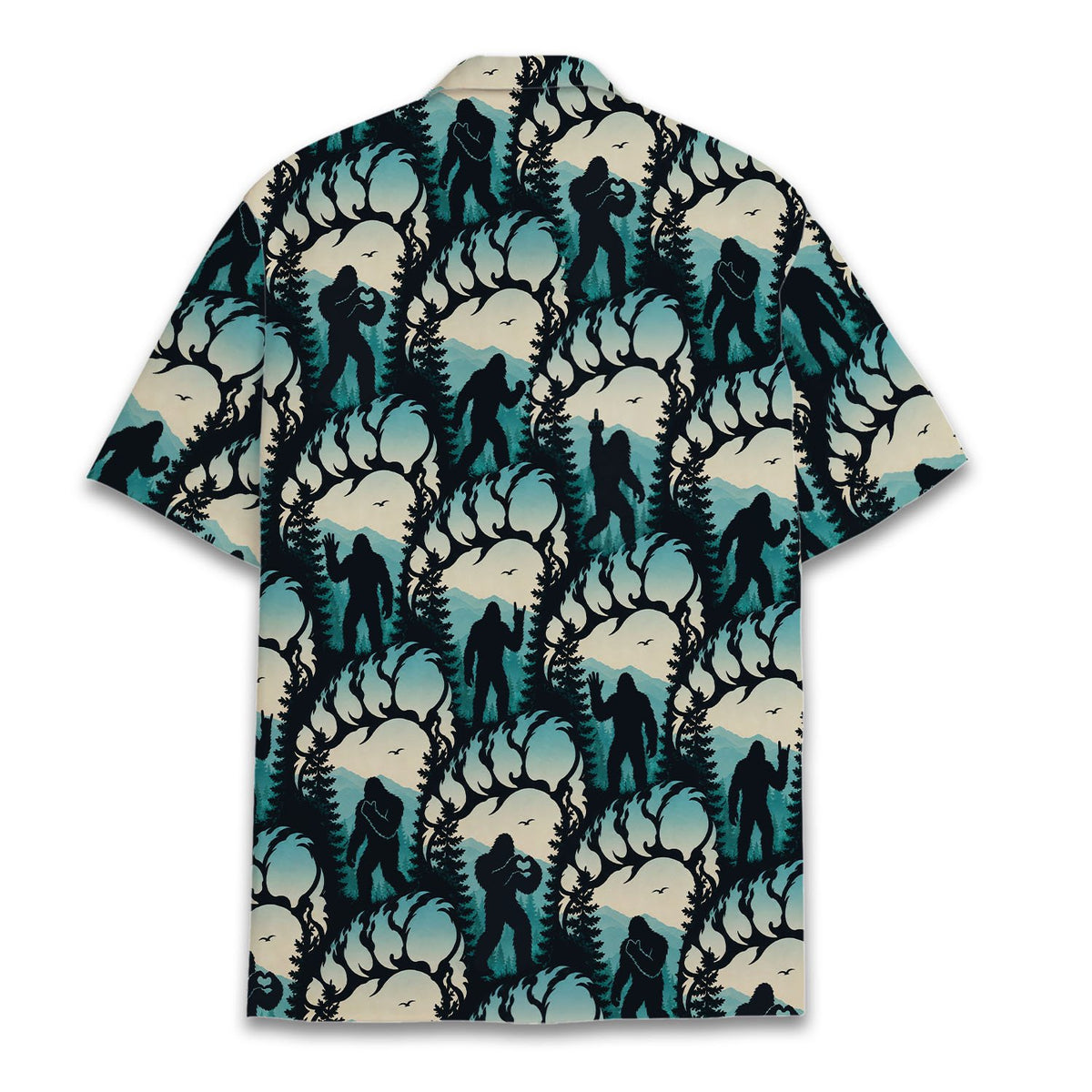 Front view of the teal bigfoot hawaiian shirt in cream and dark blue