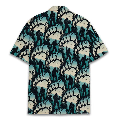 Front view of the teal bigfoot hawaiian shirt in cream and dark blue
