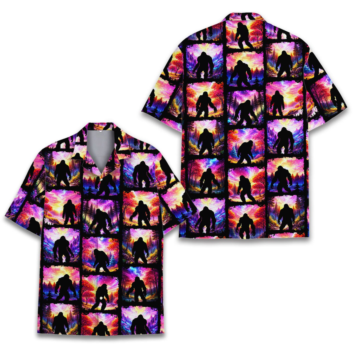 Front view of the vibrant bigfoot silhouette hawaiian shirt