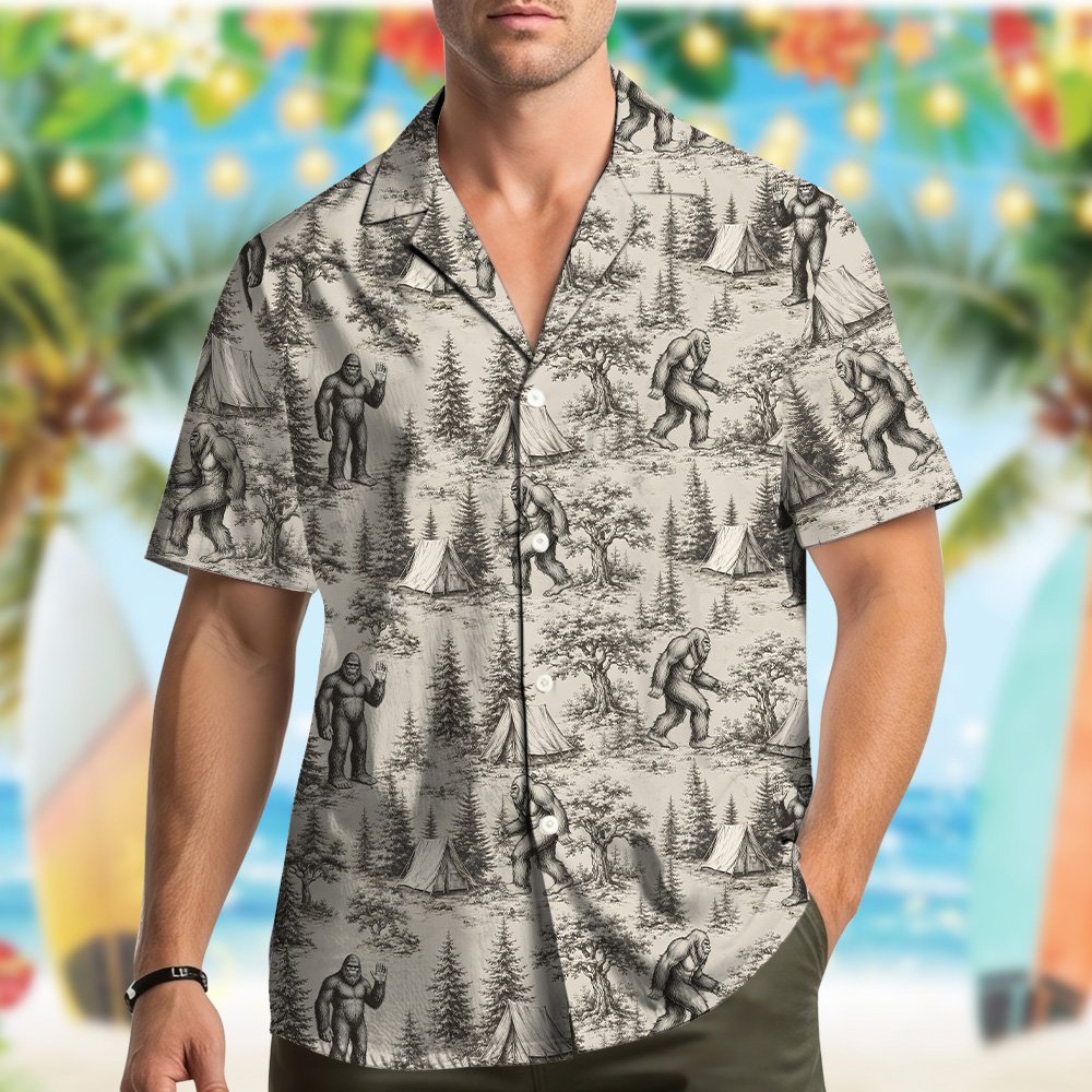 Another lifestyle view of the beige bigfoot hawaiian shirt