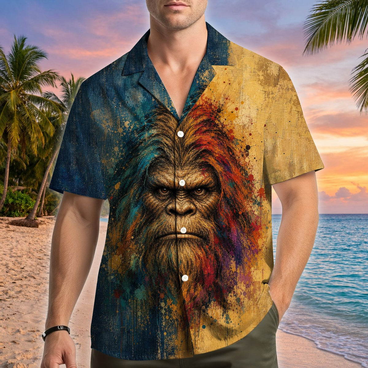 Another lifestyle shot featuring the matching family hawaiian shirt design