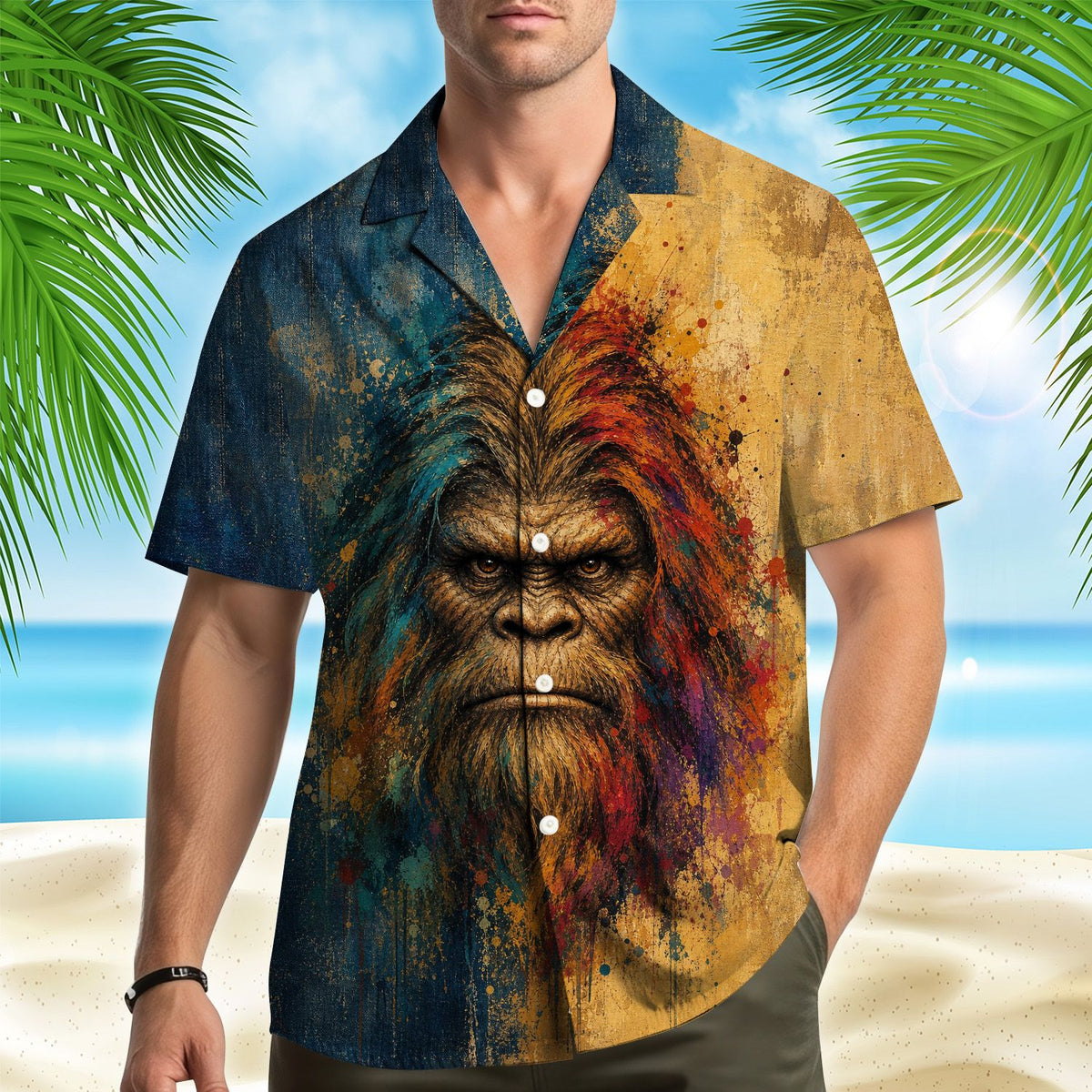 A third lifestyle view highlighting the colorful sasquatch design on the hawaiian shirt