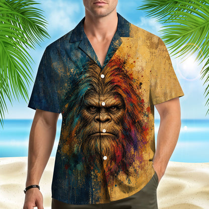A third lifestyle view highlighting the colorful sasquatch design on the hawaiian shirt